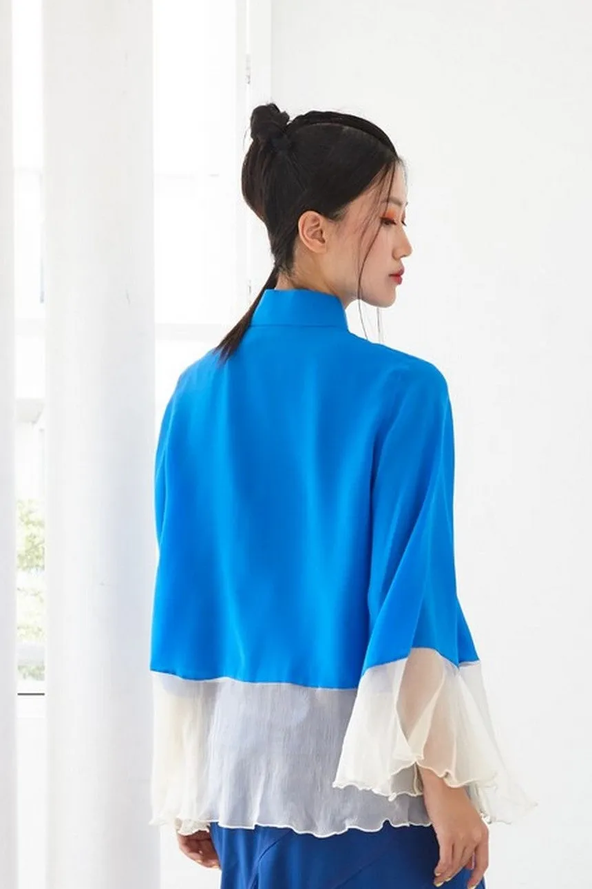 Pre-Order BLUE AND IVORY CHIFFON WITH BLUE SATIN SILK LOOSE FITTED OFF CENTERED MANDARIN COLLAR TOP WITH INNER BIAS CAMISOLE - BLUE