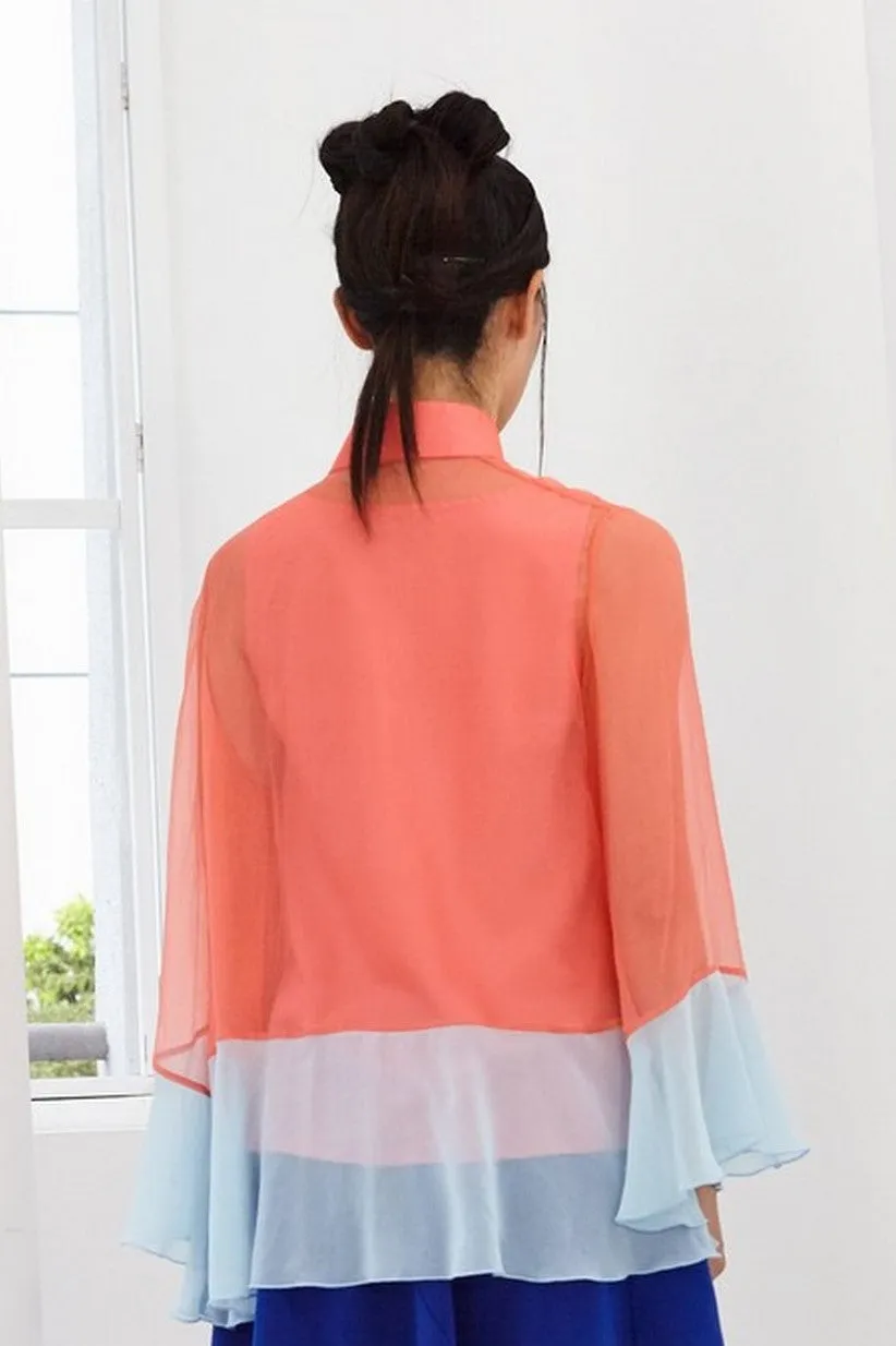 Pre-Order SALMON AND LIGHT BLUE CHIFFON WITH SALMON SATIN SILK LOOSE FITTED OFF CENTERED MANDARIN COLLAR TOP WITH INNER BIAS CAMISOLE - MULTI