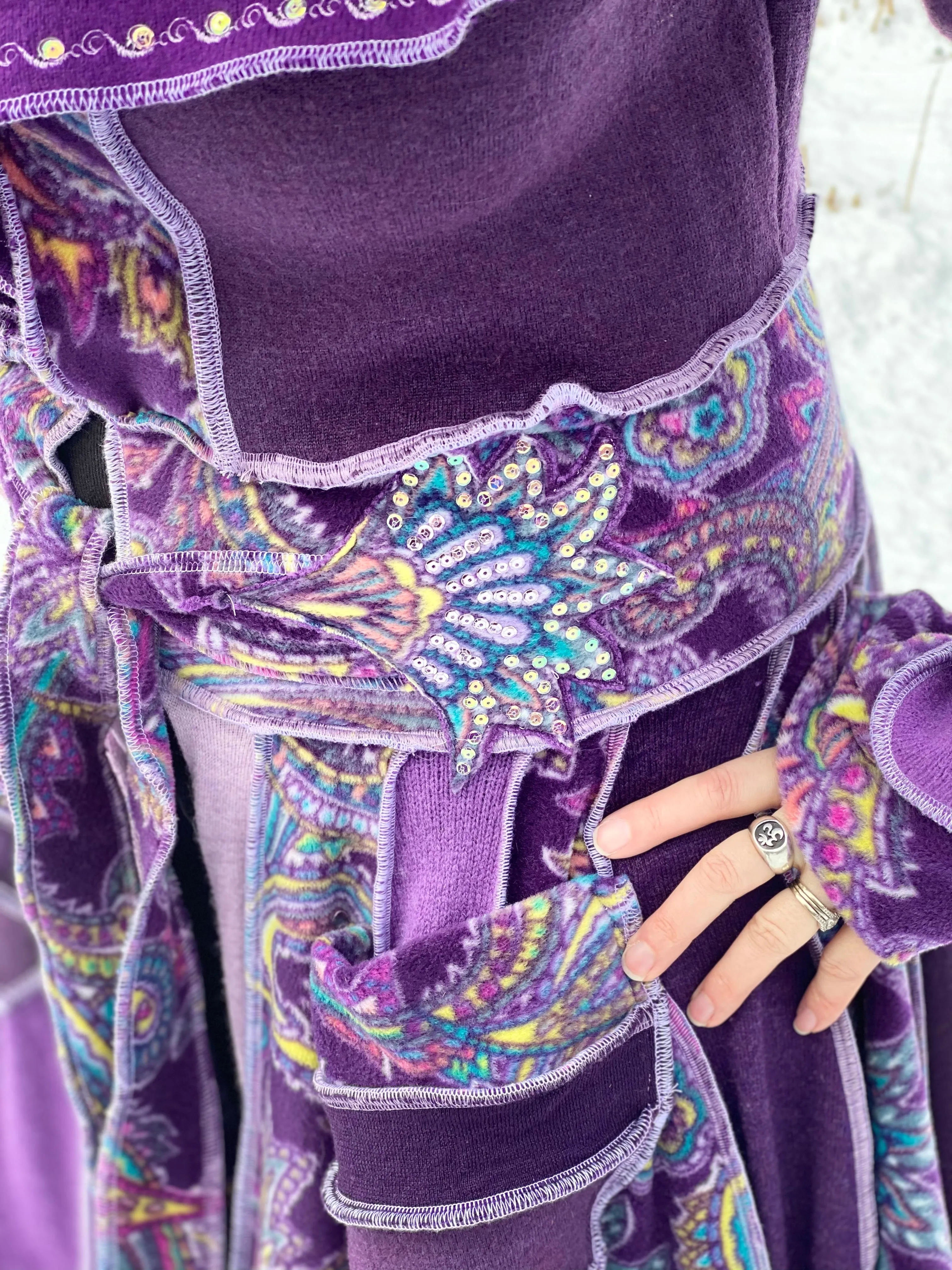 "Up All Night" Purple Paisley needle-felted wool/cashmere Katwise-inspired patchwork elf sweatercoat-2513