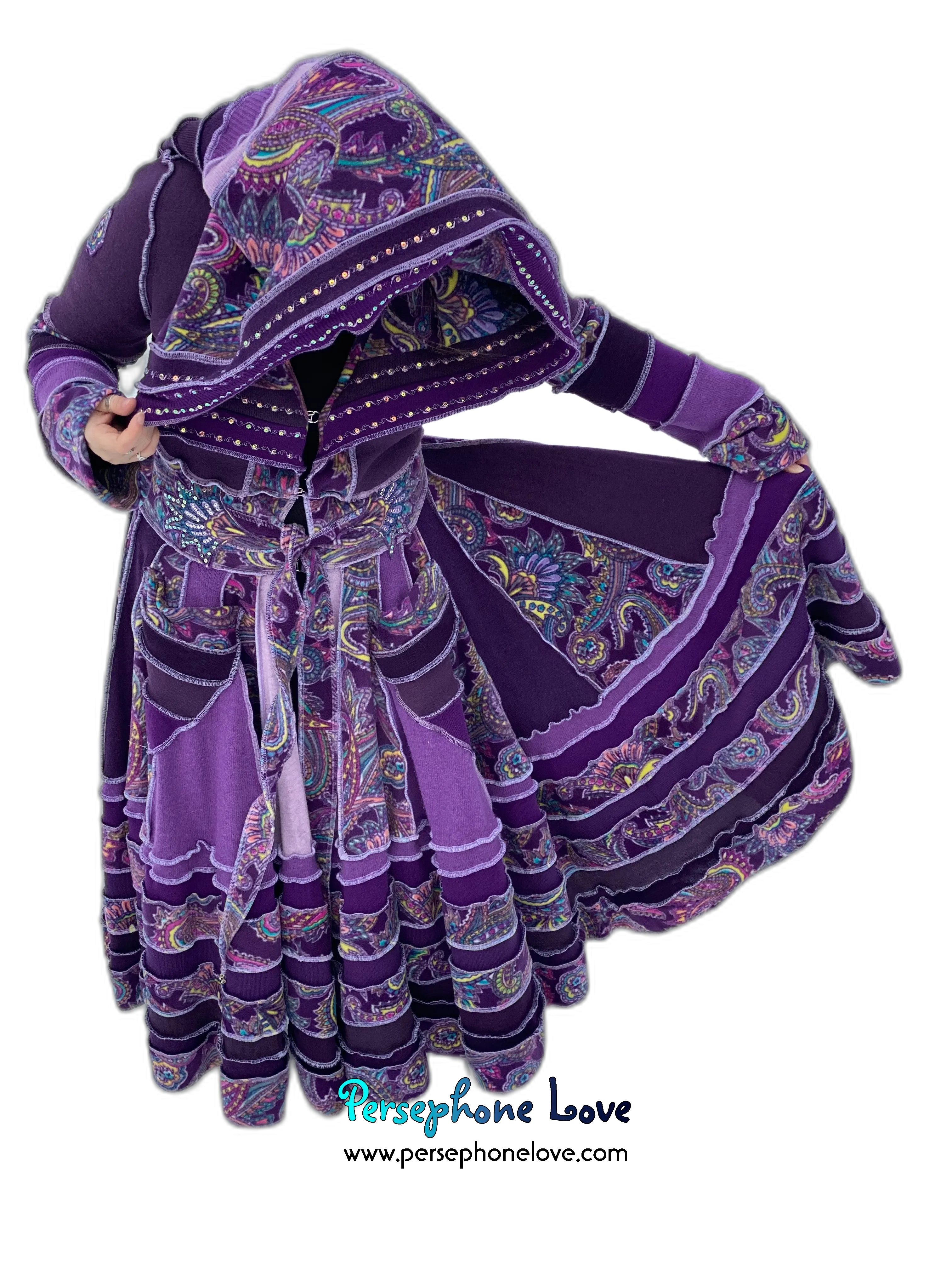 "Up All Night" Purple Paisley needle-felted wool/cashmere Katwise-inspired patchwork elf sweatercoat-2513