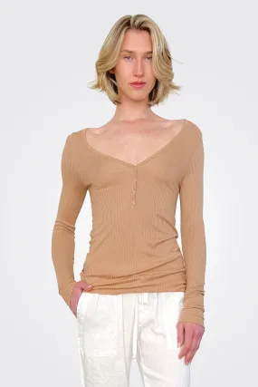 Rib Knit Henley - Pecan