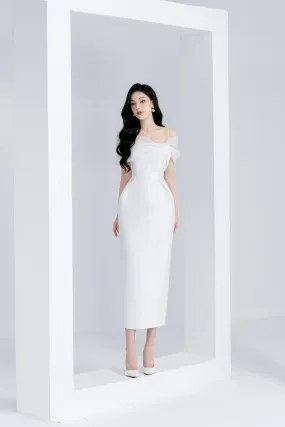 Roselily Pegged Off-Shoulder Twisted Woven Midi Dress