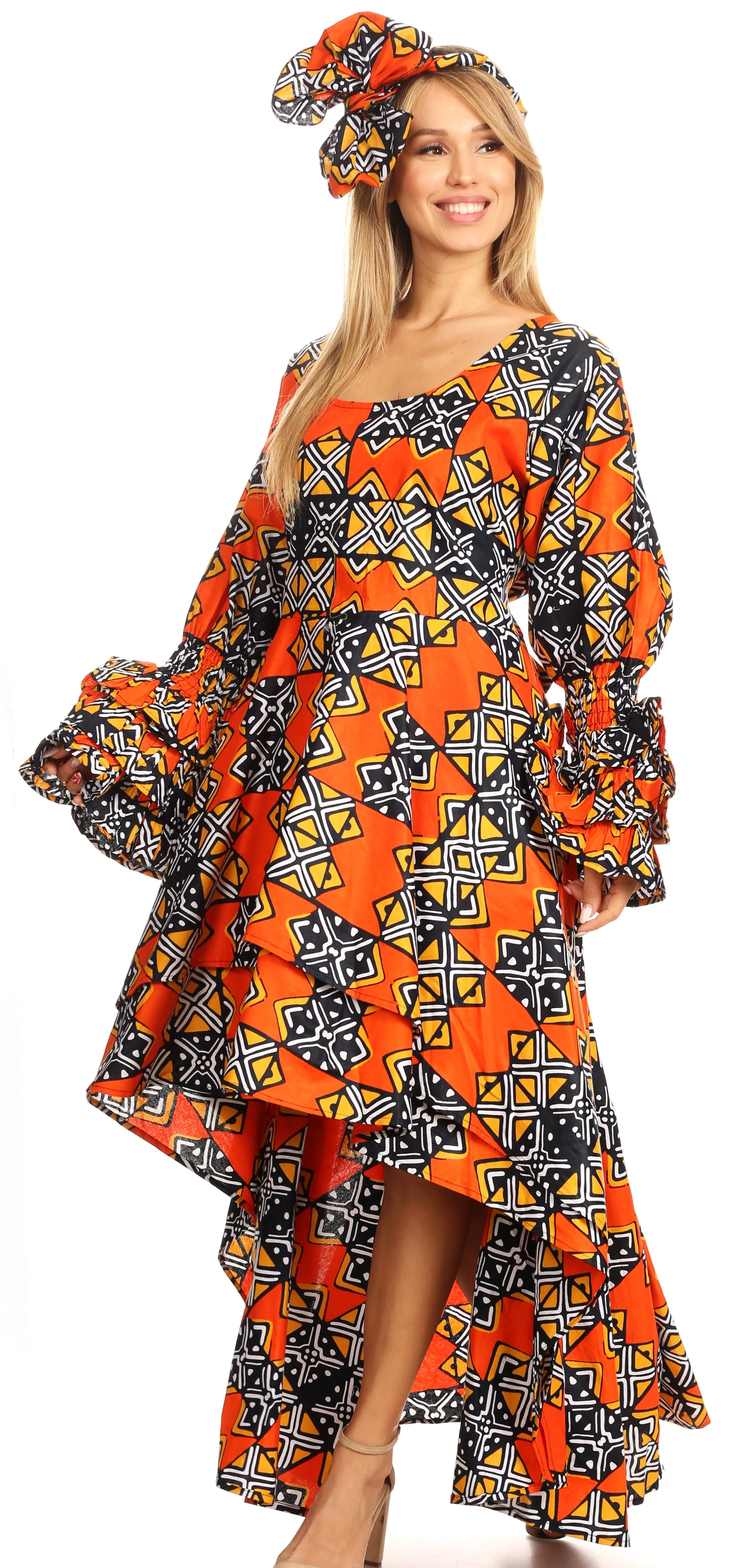 Sakkas Sofi Women's Long Sleeve High-low Dress African Ankara with Pockets Party