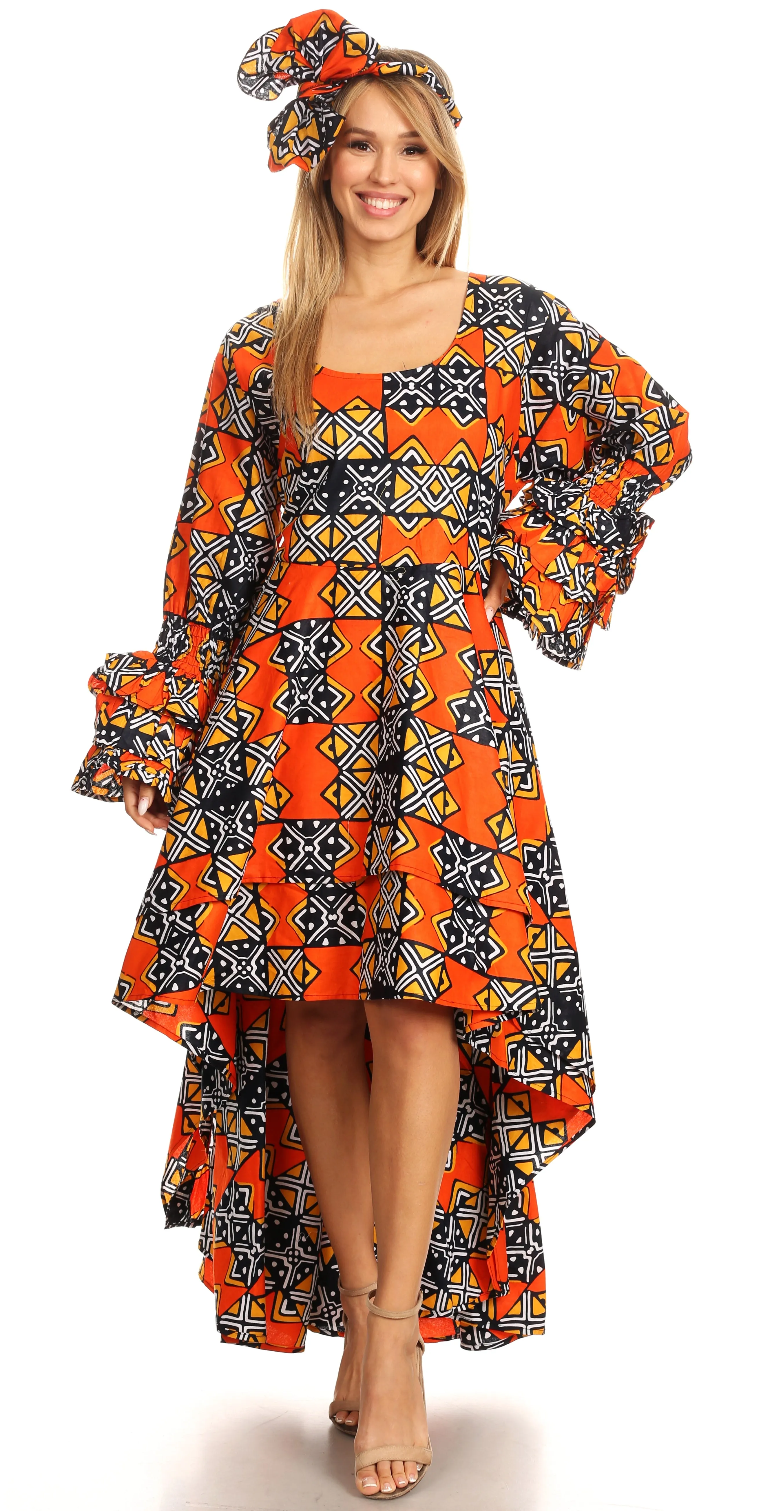 Sakkas Sofi Women's Long Sleeve High-low Dress African Ankara with Pockets Party