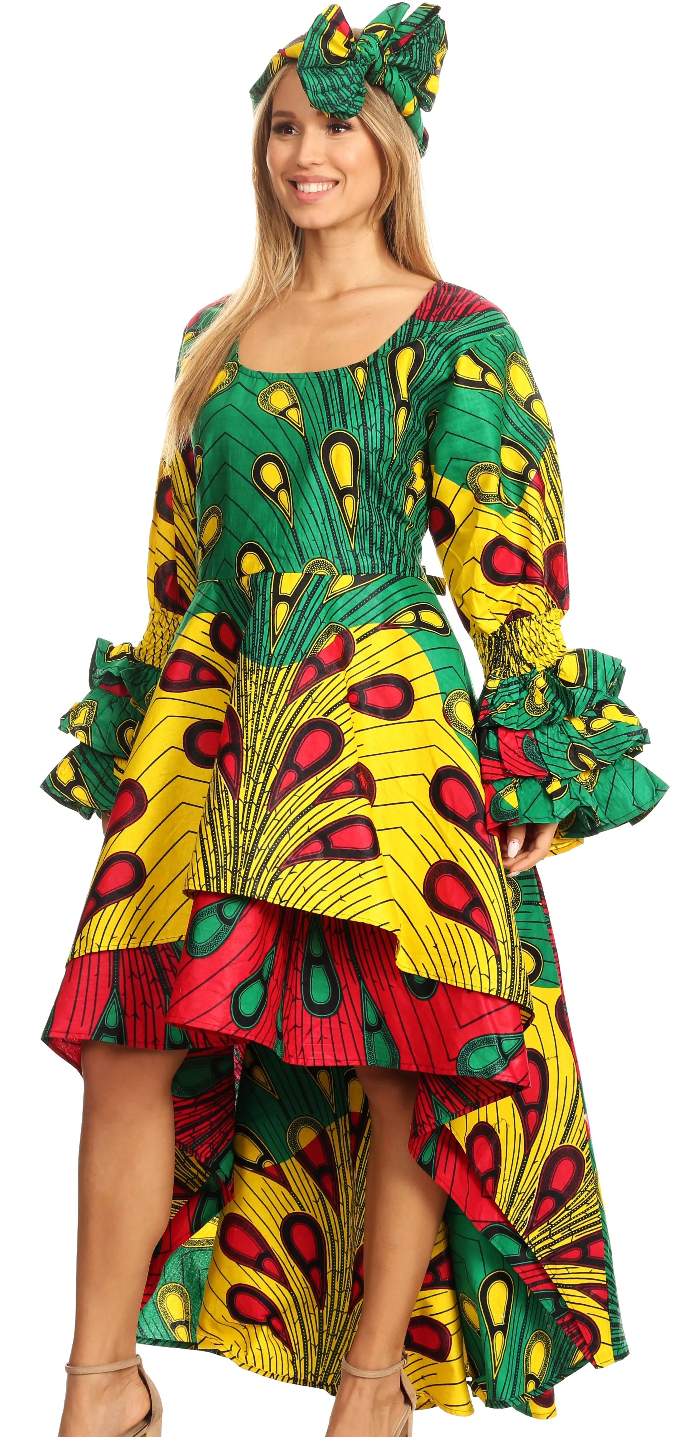 Sakkas Sofi Women's Long Sleeve High-low Dress African Ankara with Pockets Party