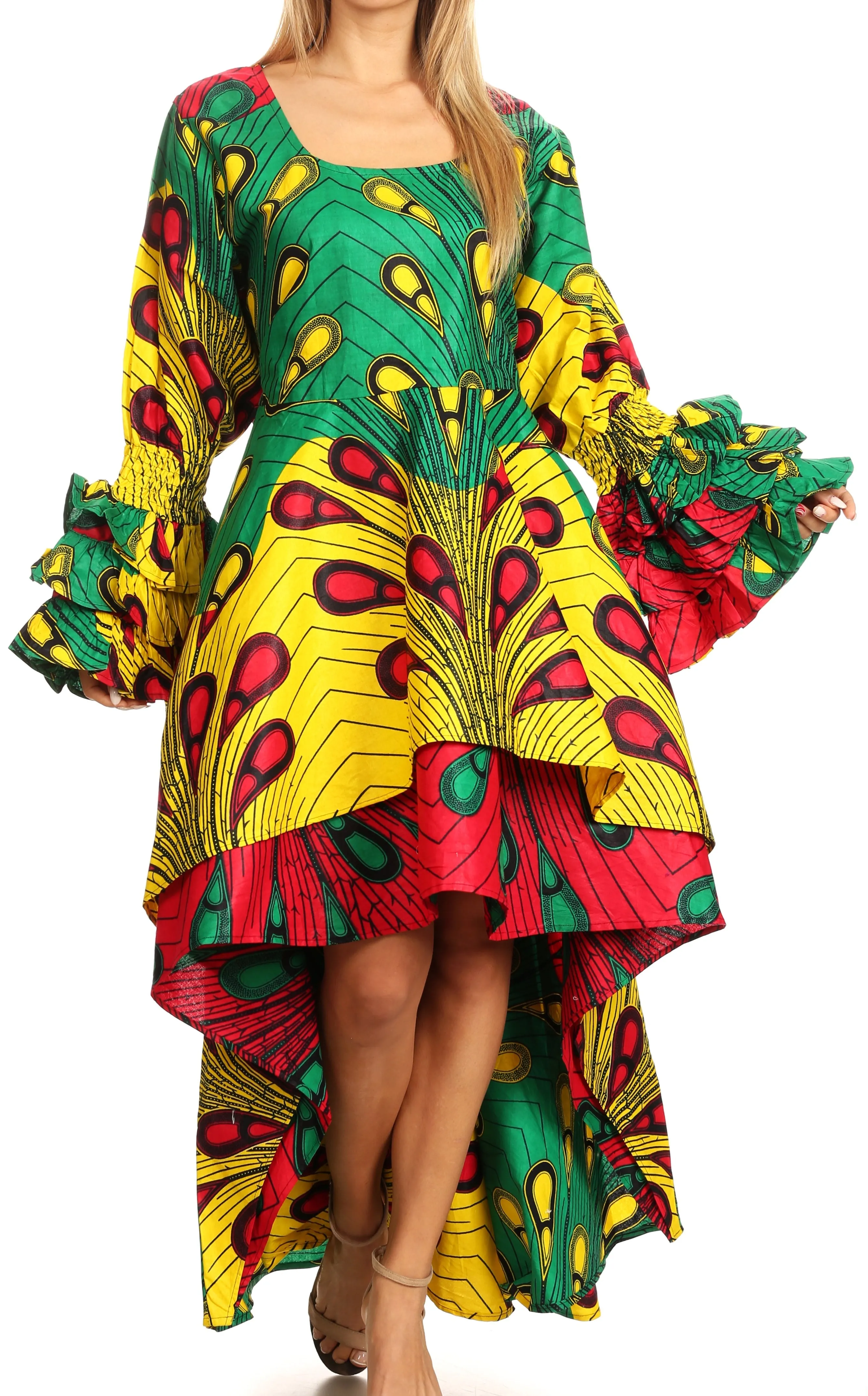 Sakkas Sofi Women's Long Sleeve High-low Dress African Ankara with Pockets Party