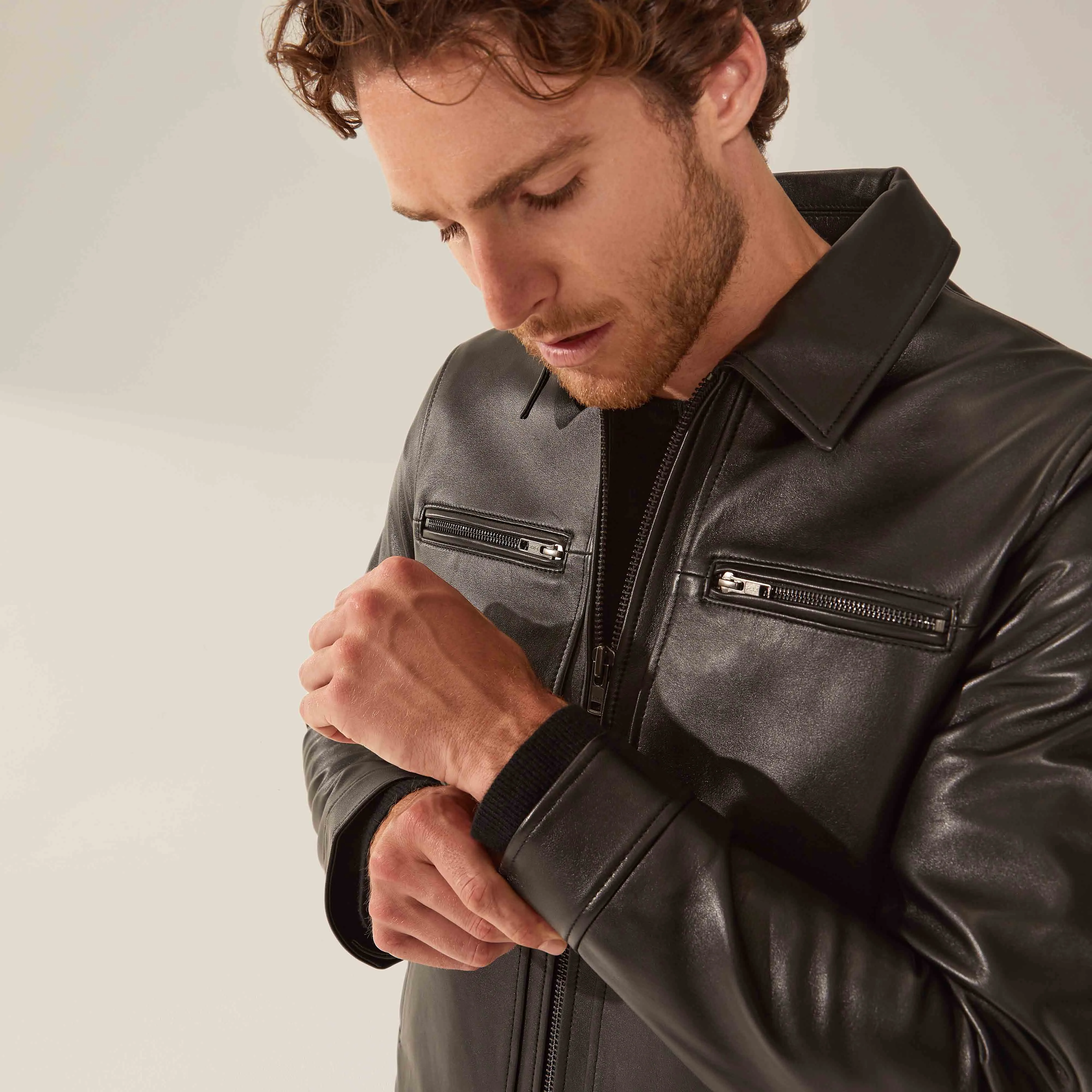 Santino Collared Zip Lambskin Leather Jacket