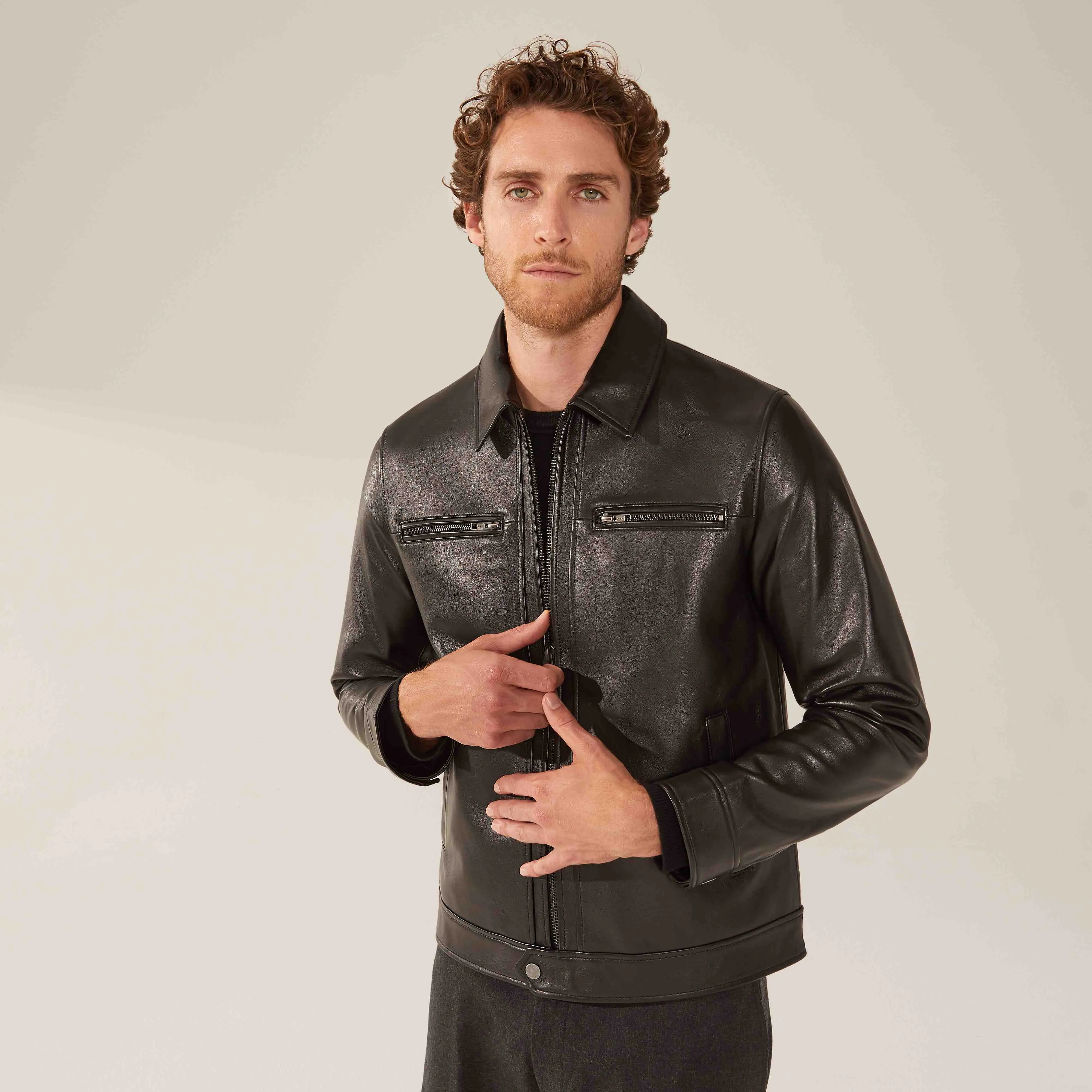 Santino Collared Zip Lambskin Leather Jacket