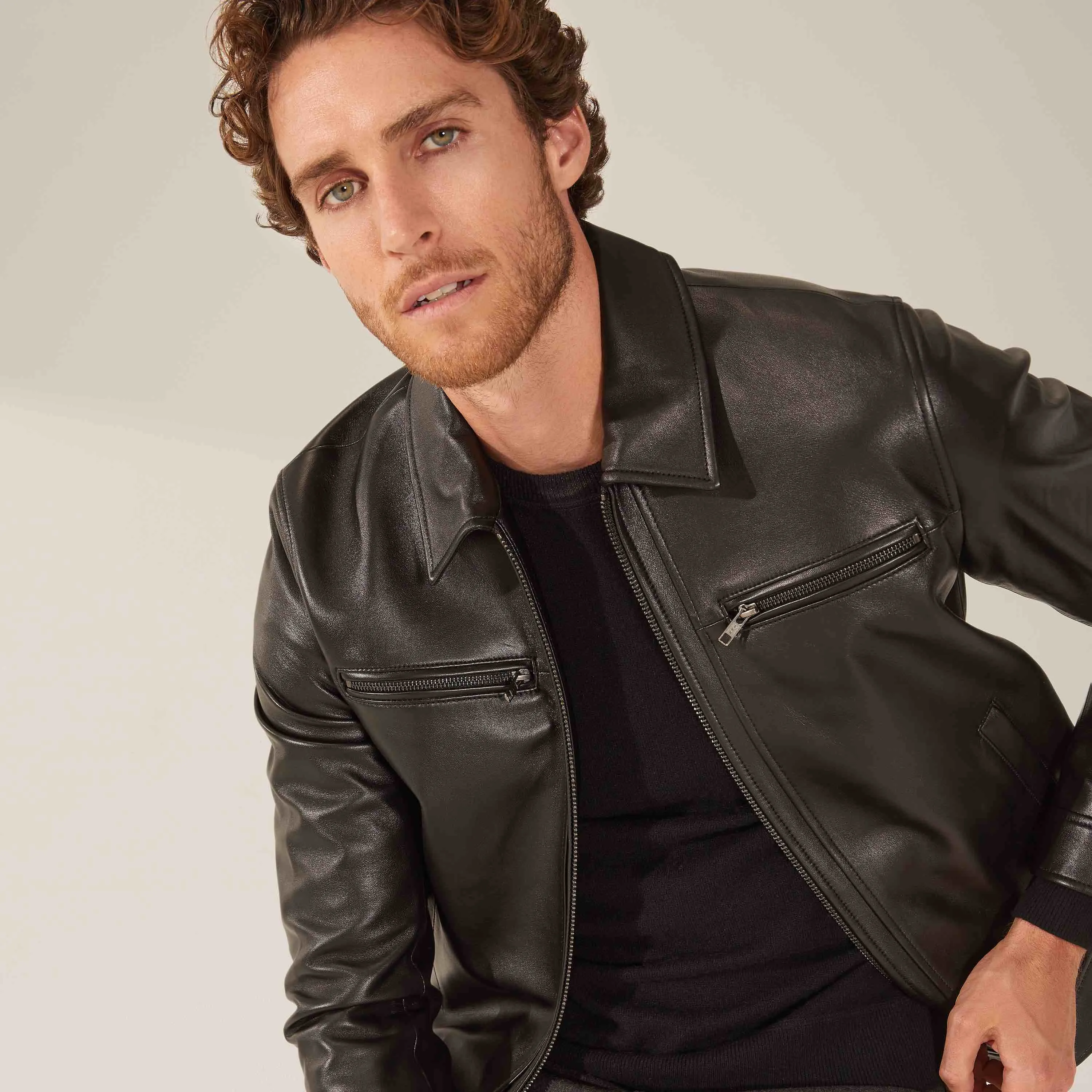 Santino Collared Zip Lambskin Leather Jacket