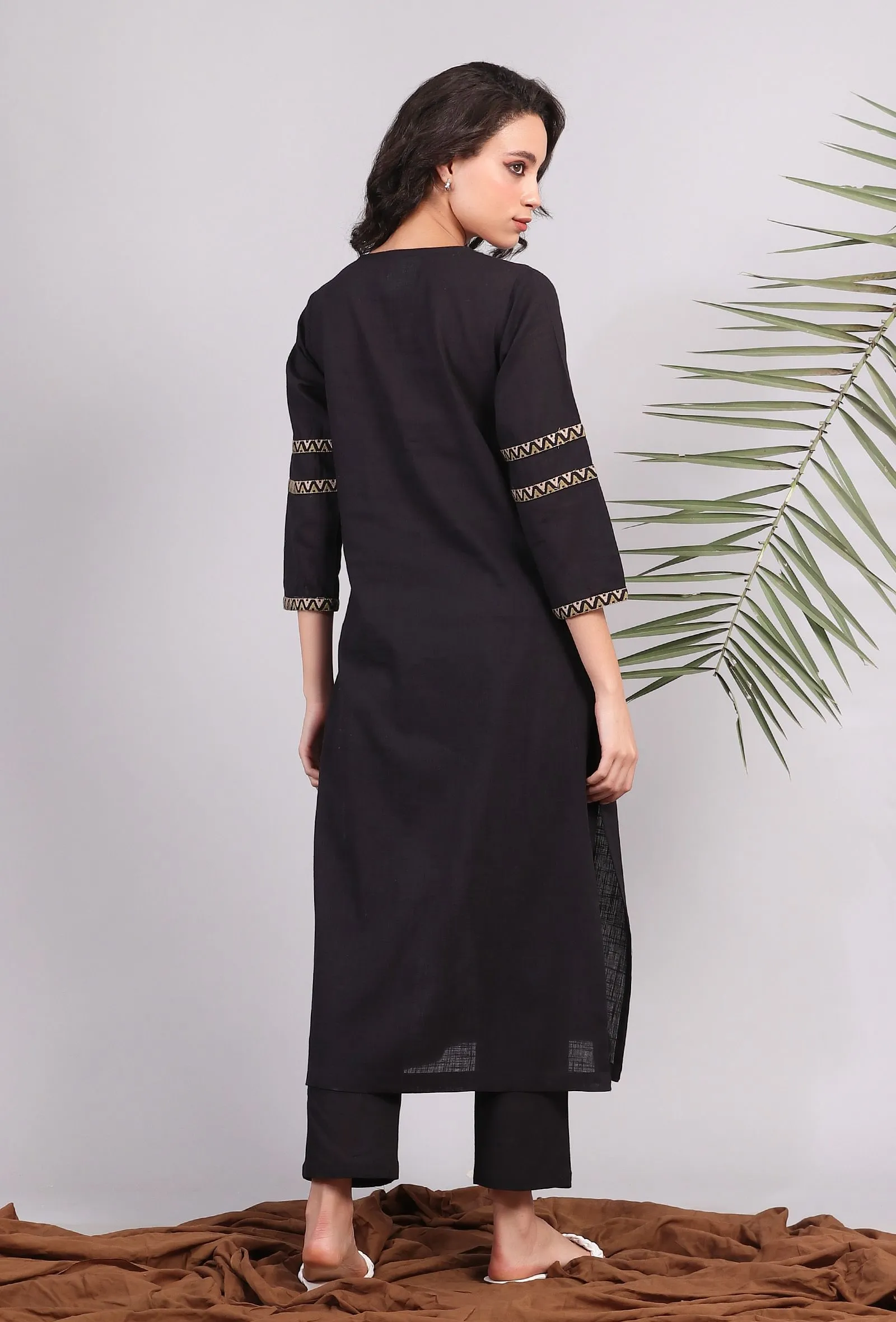 Set of 2: Black Kantha Embroidered Kurta with Solid Black Narrow Pants