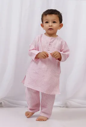 Set of 2: Pink Striped Cotton Kurta and Pajama