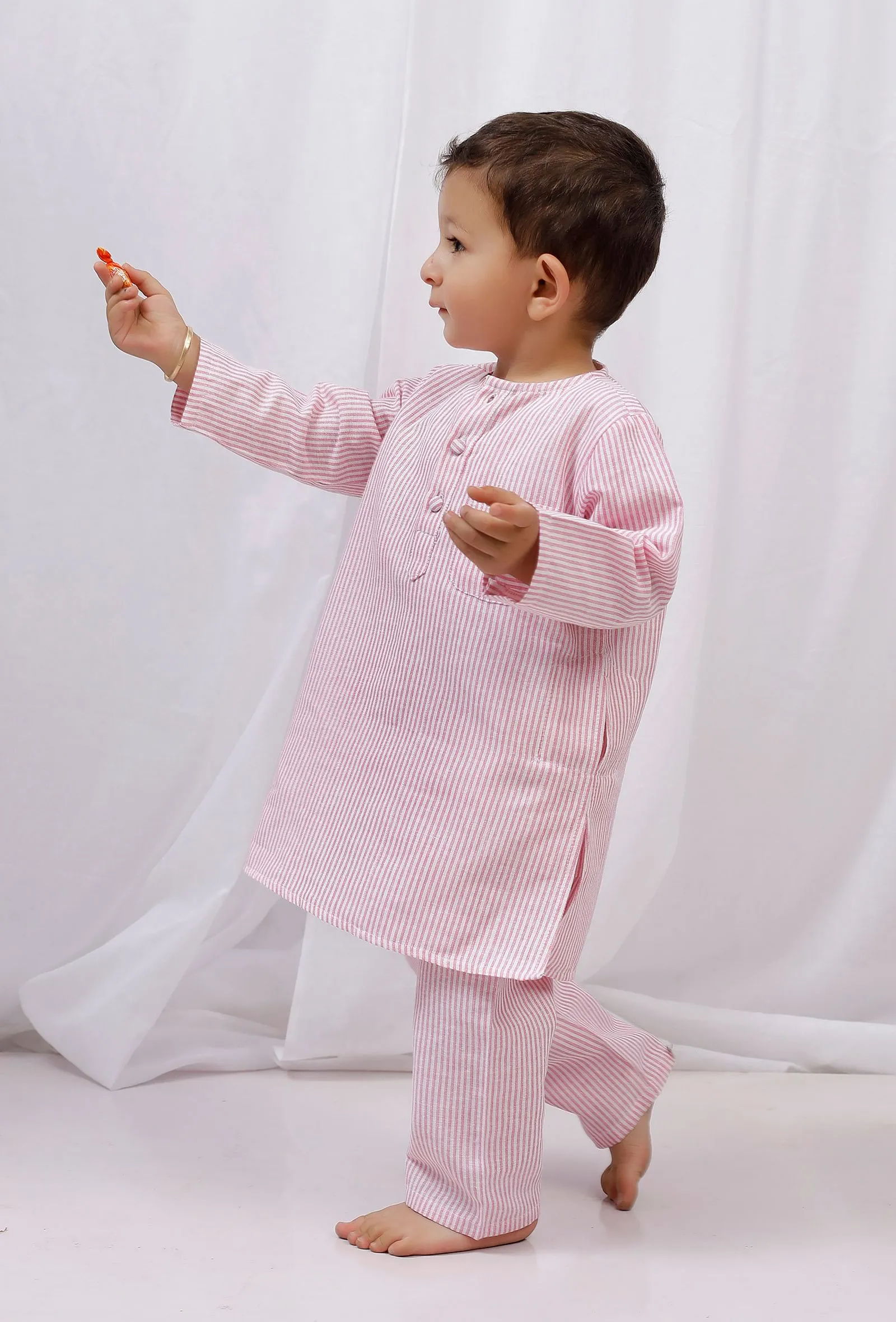 Set of 2: Pink Striped Cotton Kurta and Pajama