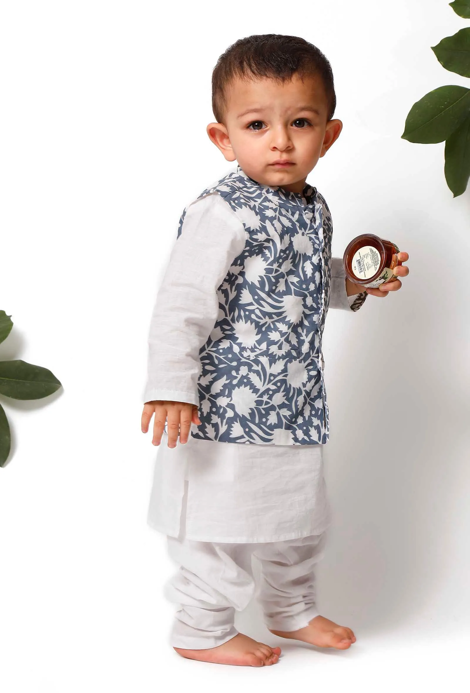 Set of 3 - Fred Blue Jacket with White Kurta Pyjama Set