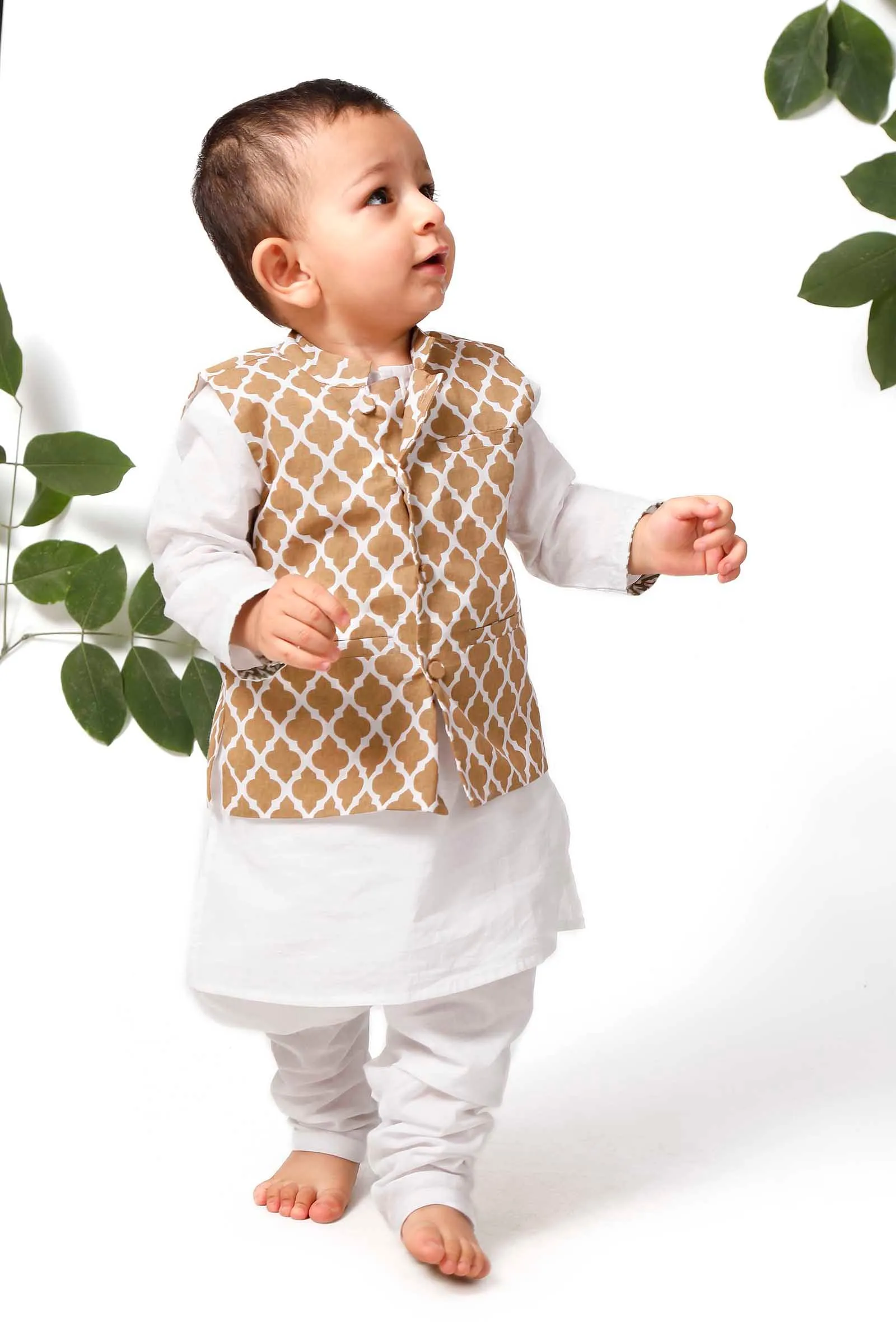 Set of 3 - Linus Brown Jacket with White Kurta Pyjama Set