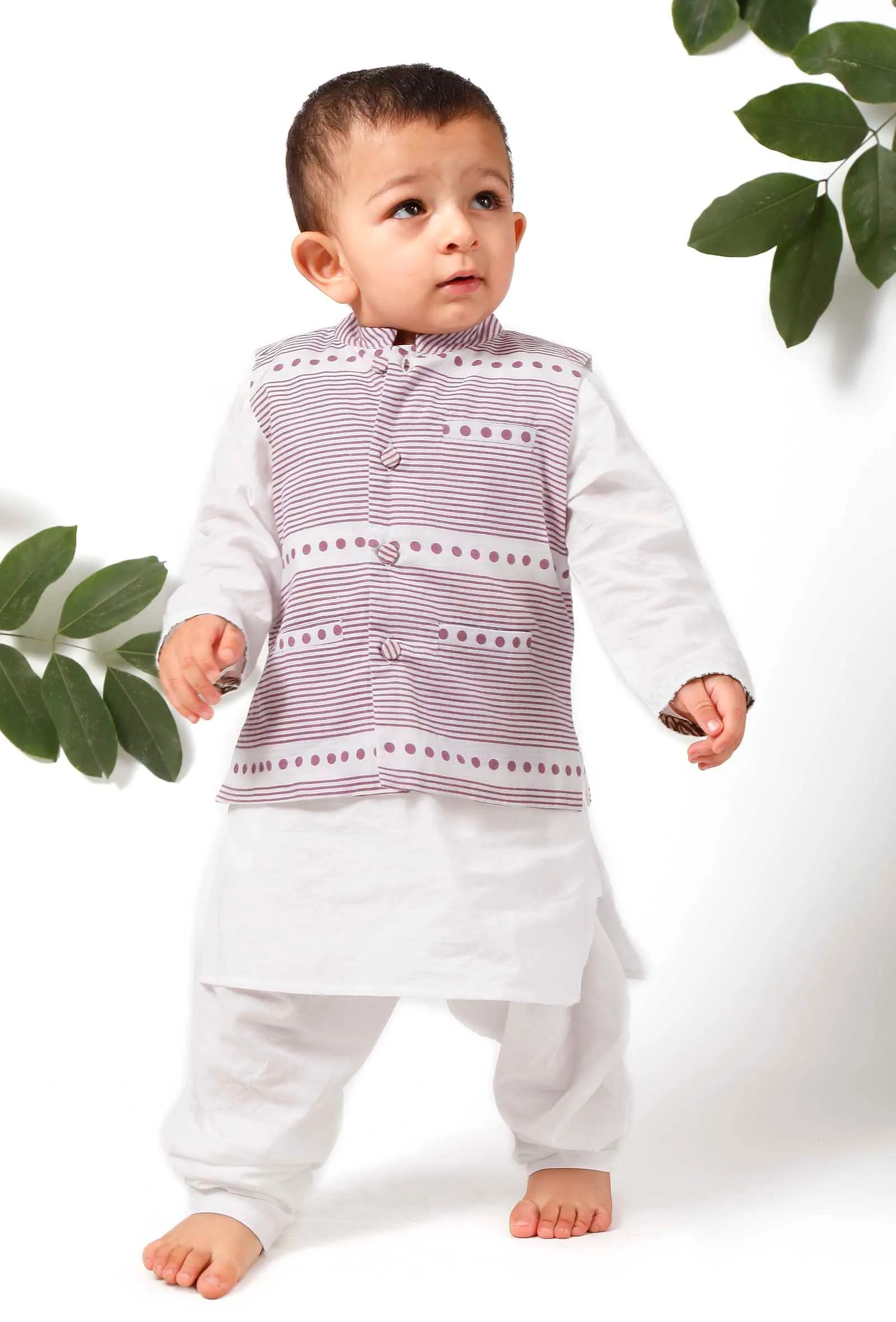 Set of 3 - Rubble Purple Jacket with White Kurta Pyjama Set