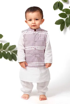 Set of 3 - Rubble Purple Jacket with White Kurta Pyjama Set