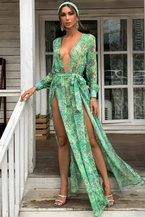 Sexy Green See Through Long Sleeve Dress