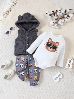 SHEIN Baby Boy 3D Ear Patched Hooded Teddy Vest Coat & 1pc Cartoon Graphic Bodysuit & 1pc Pants