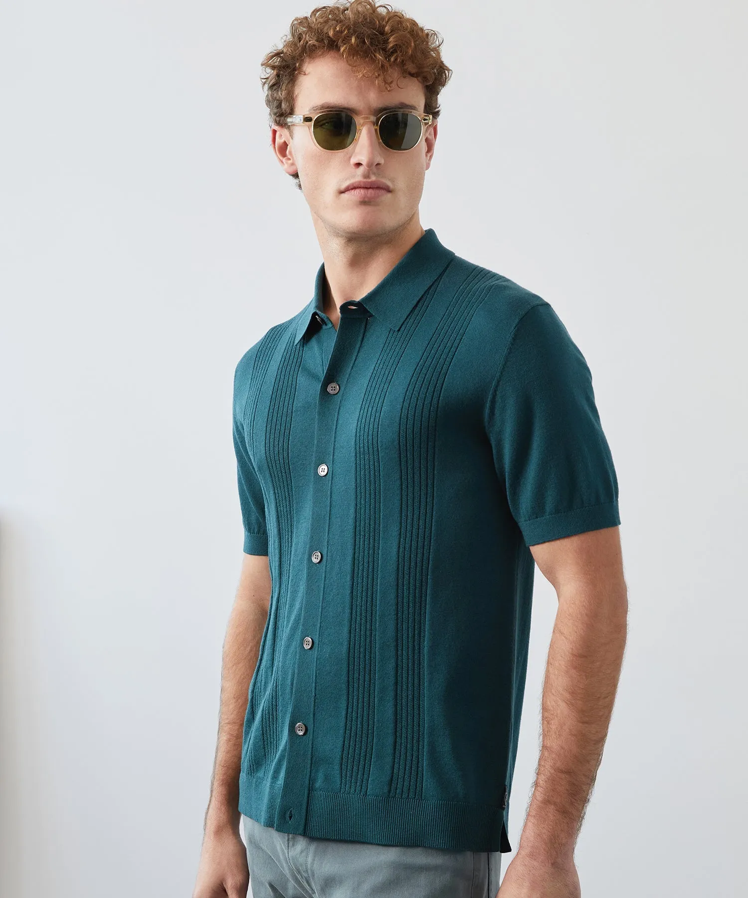 Silk Cotton Ribbed Full Placket Polo in Atlantis