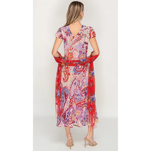 Sleeve Less Semi Long Red Floral Print 2 in 1 Reversible Dress For Women