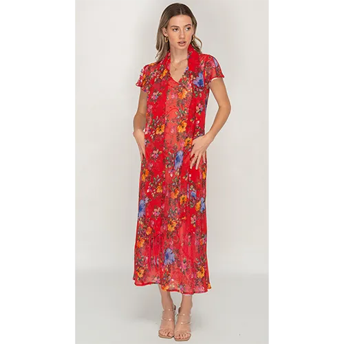 Sleeve Less Semi Long Red Floral Print 2 in 1 Reversible Dress For Women