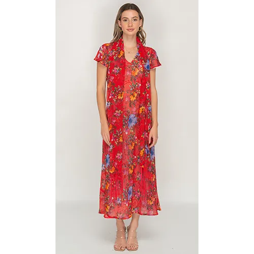 Sleeve Less Semi Long Red Floral Print 2 in 1 Reversible Dress For Women