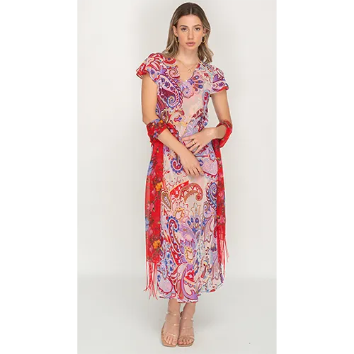 Sleeve Less Semi Long Red Floral Print 2 in 1 Reversible Dress For Women