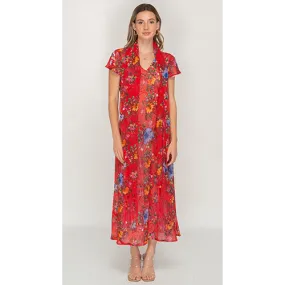 Sleeve Less Semi Long Red Floral Print 2 in 1 Reversible Dress For Women