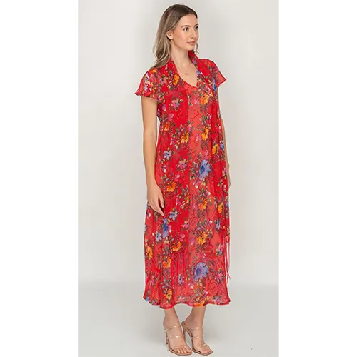 Sleeve Less Semi Long Red Floral Print 2 in 1 Reversible Dress For Women