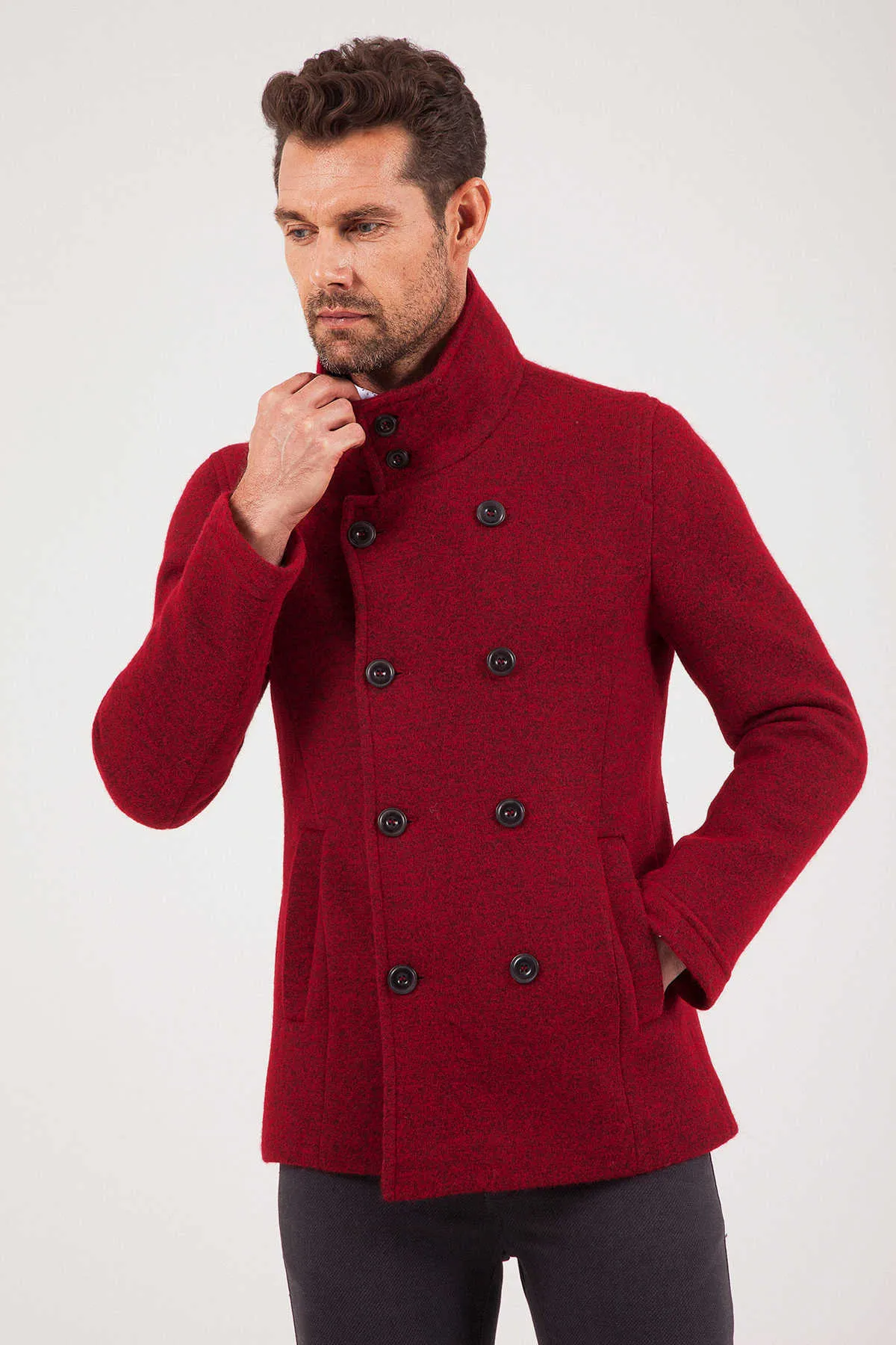 Slim Fit Notch Lapel Alpine Wool Gray Overcoat, Red