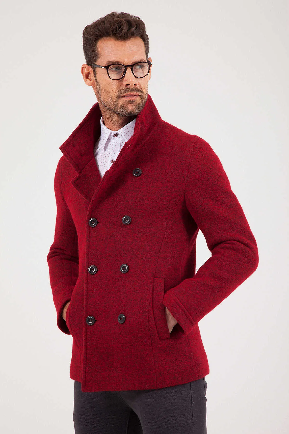 Slim Fit Notch Lapel Alpine Wool Gray Overcoat, Red