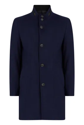 Slim Fit Notch Lapel New Terra Wool Navy Overcoat, Navy