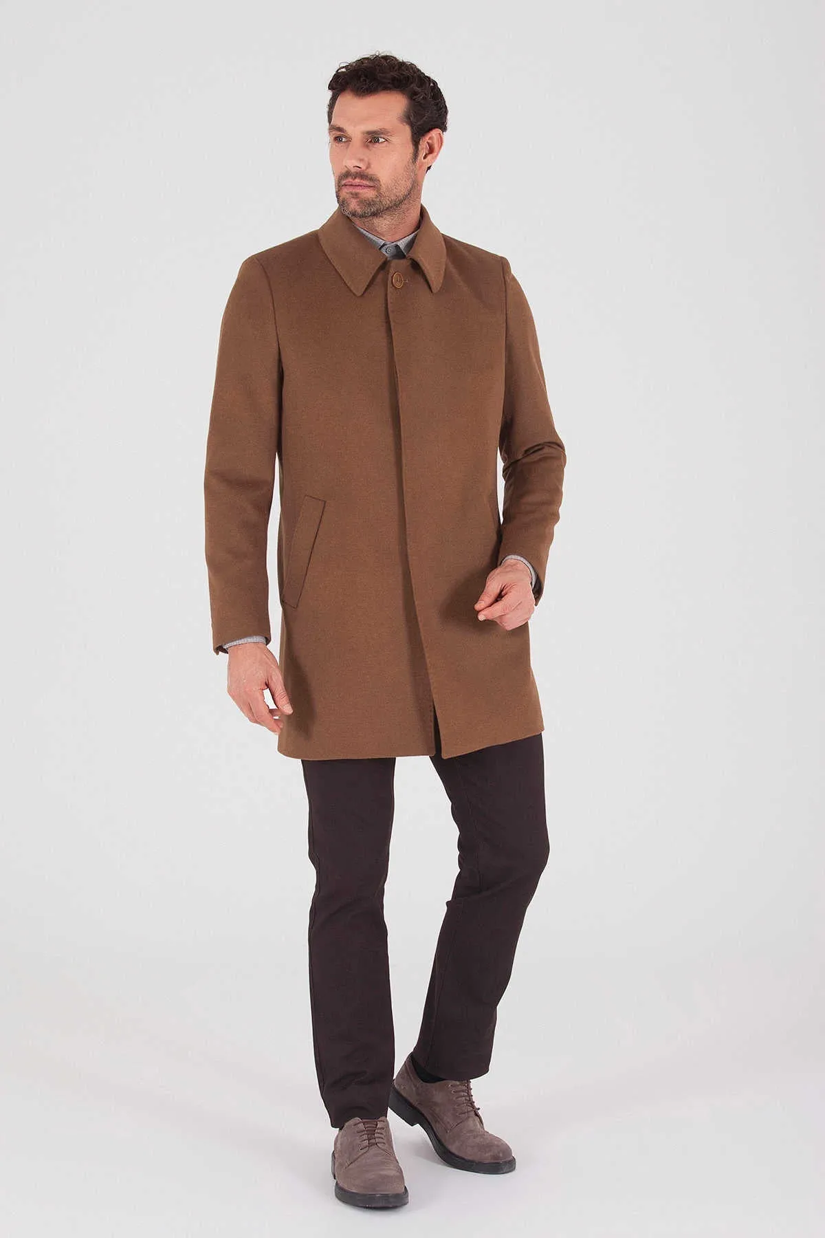 Slim Fit Notch Lapel Osaka Wool Camel Overcoat, Camel