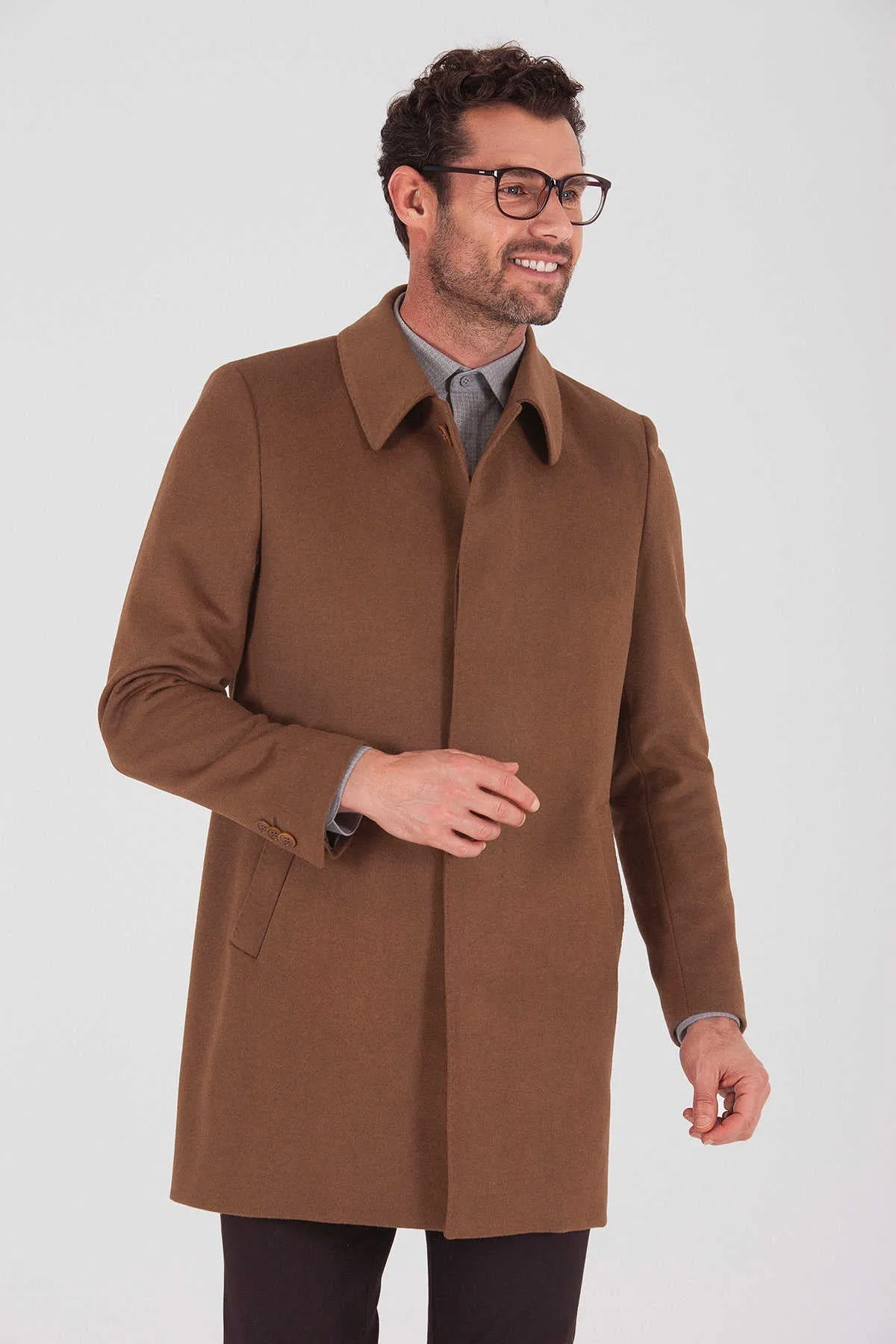 Slim Fit Notch Lapel Osaka Wool Camel Overcoat, Camel