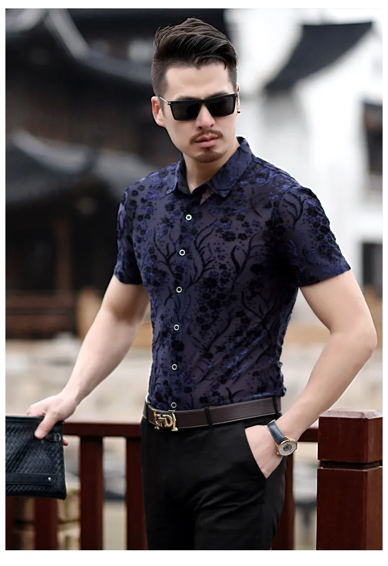 Small Floral Pattern Slim Fit Thin Semi See Through Men Shirt