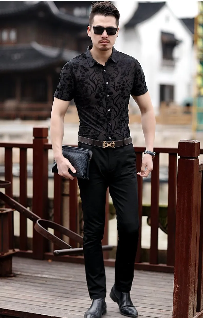 Small Floral Pattern Slim Fit Thin Semi See Through Men Shirt