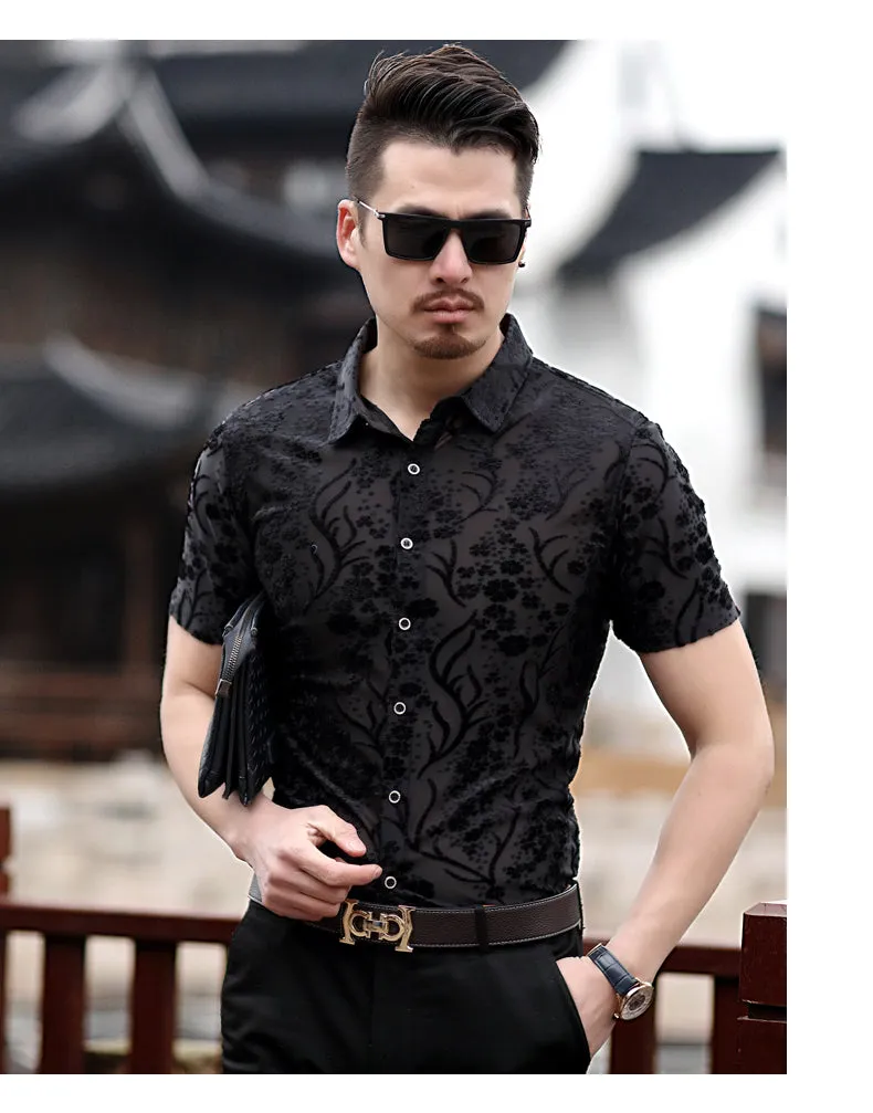 Small Floral Pattern Slim Fit Thin Semi See Through Men Shirt