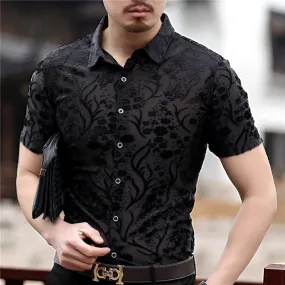 Small Floral Pattern Slim Fit Thin Semi See Through Men Shirt