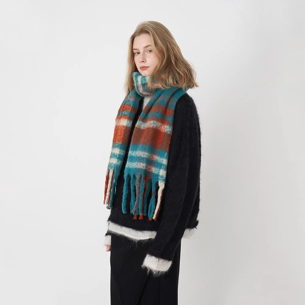 Soft Warm Checkered Tassel Mohair Cashmere Scarf Shawl