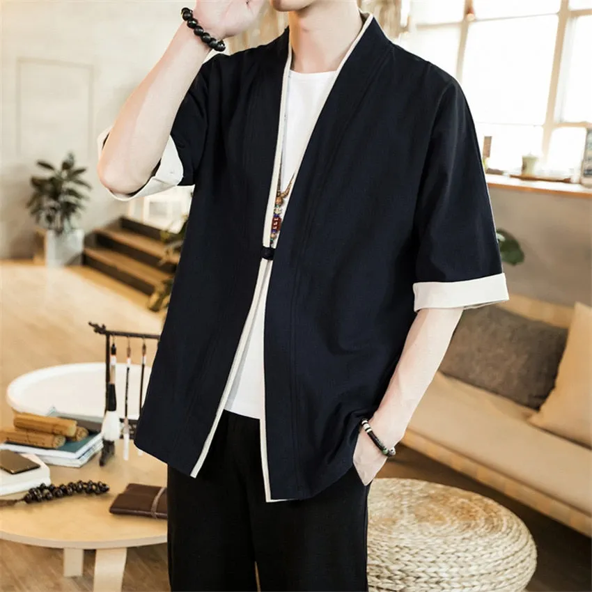 Summer Men's Linen Kimono Long Cardigan Outerwear Coats Fashion Streetwear Short Loose Male Jackets Casual Overcoat