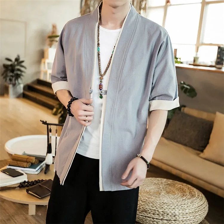 Summer Men's Linen Kimono Long Cardigan Outerwear Coats Fashion Streetwear Short Loose Male Jackets Casual Overcoat