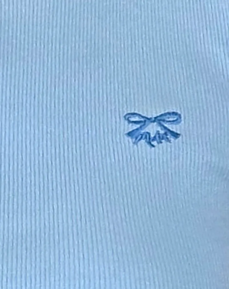 Suti Ribbed Baby Tee in Ice Blue with Dark Blue Bow Embroidery