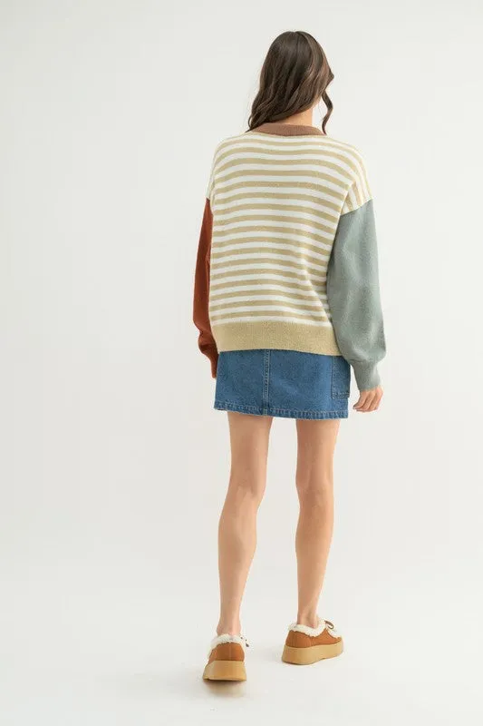 Taupe/White Colorblock Striped Sweater