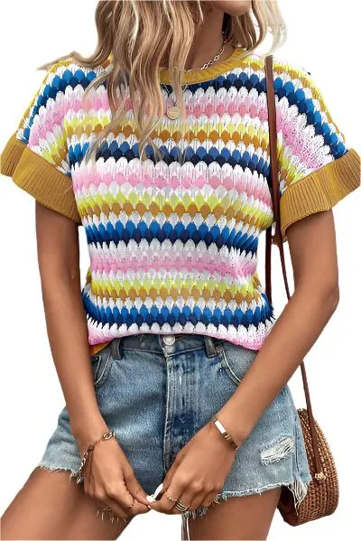 TEEK - Striped Multicolor Short Sleeve Sweater