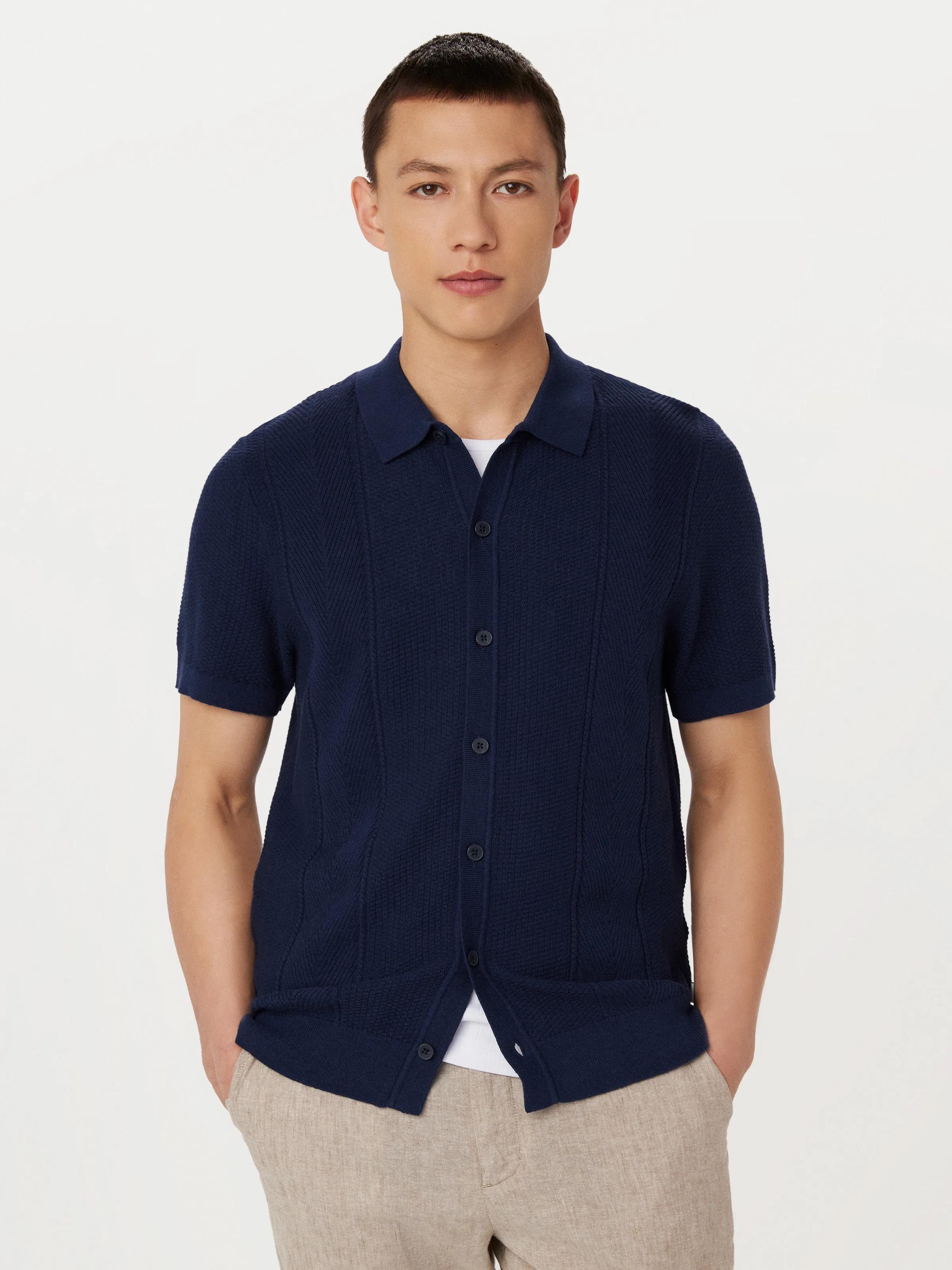 The Herringbone Button Up Polo in Blue