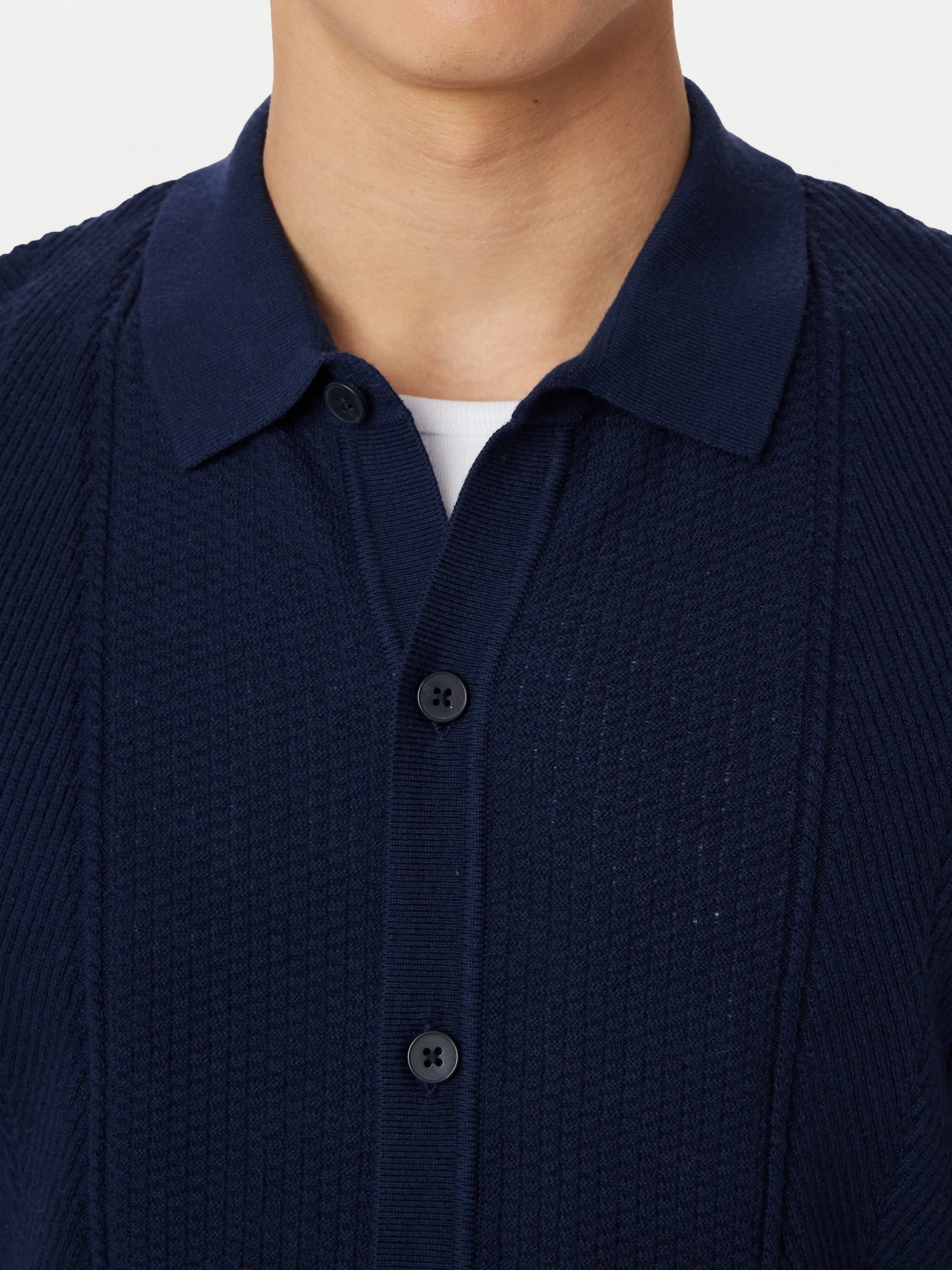 The Herringbone Button Up Polo in Blue