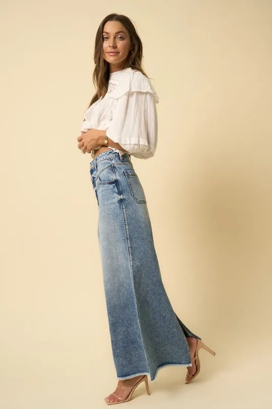 The Rita High Rise Flared Maxi Denim Skirt