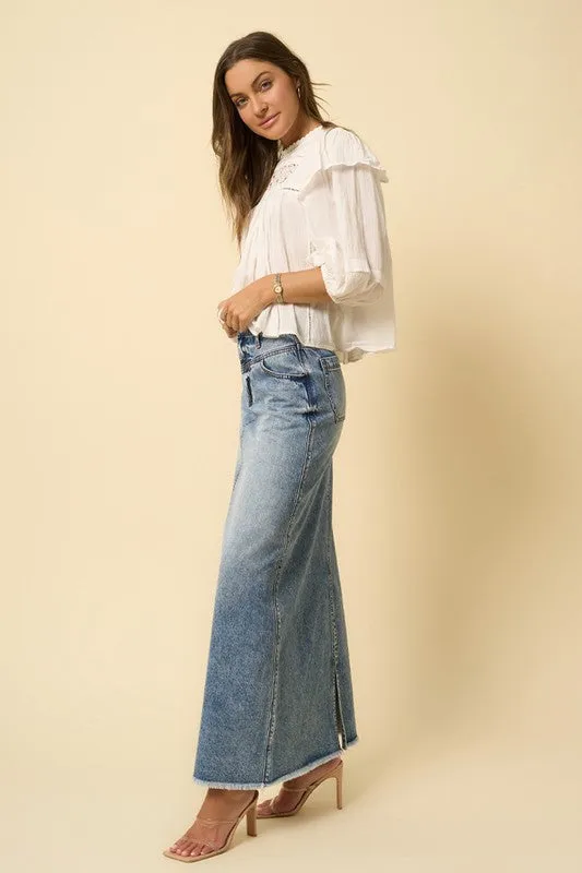 The Rita High Rise Flared Maxi Denim Skirt