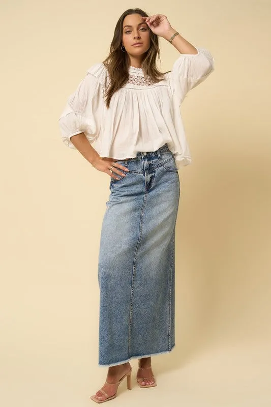 The Rita High Rise Flared Maxi Denim Skirt