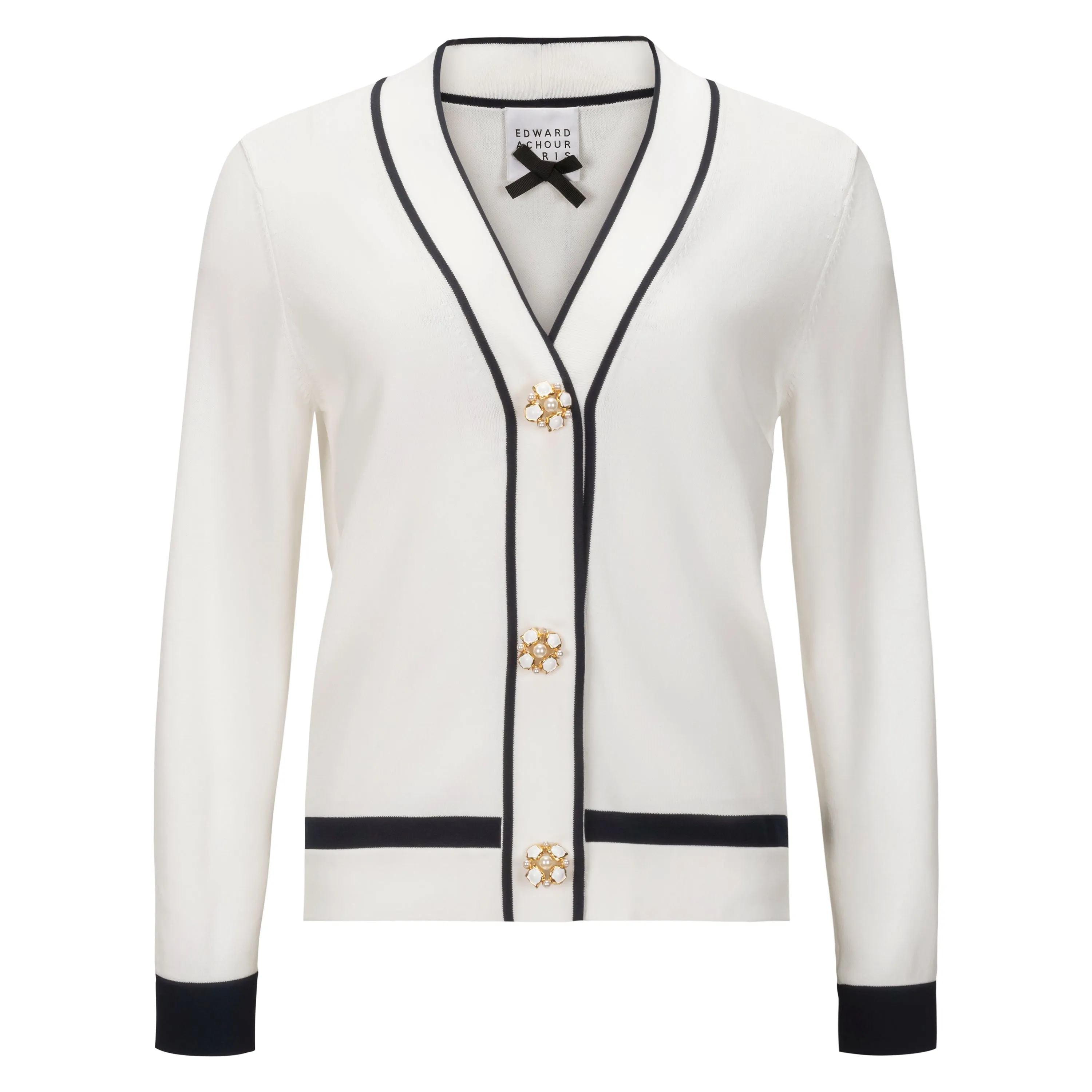 V-Neck Cardigan - Ivory with Navy Trim   Pearl Buttons